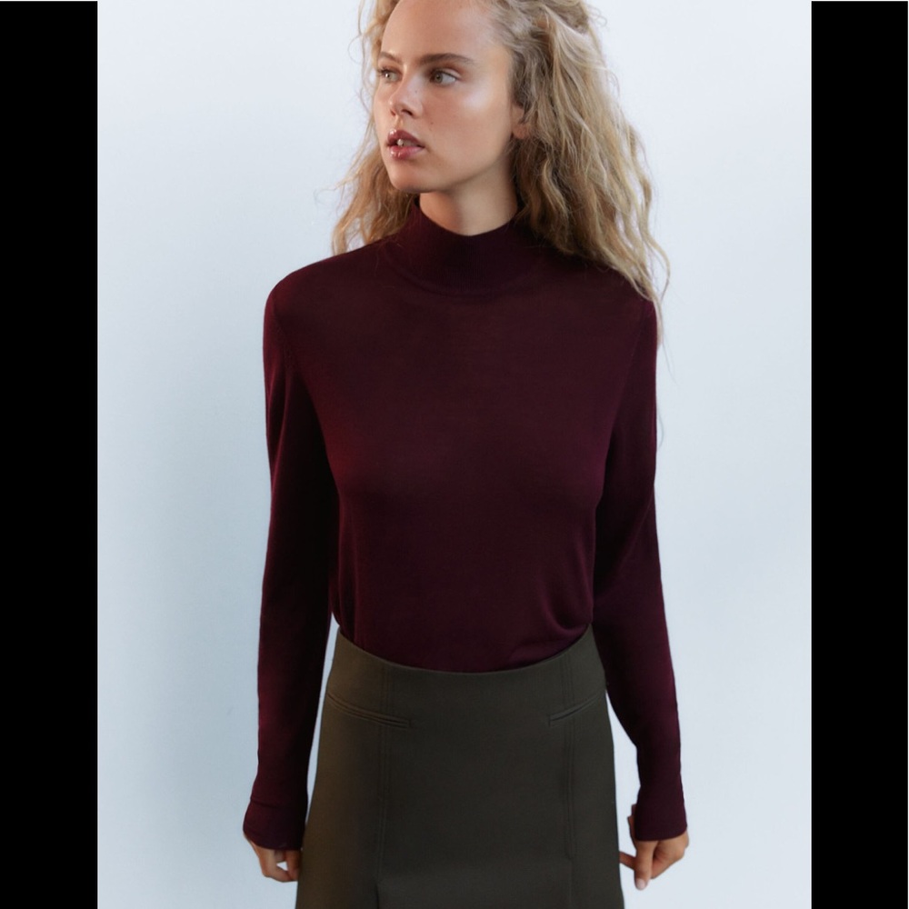 NWT Zara Dark Red Mock Neck Knit Sweater Small